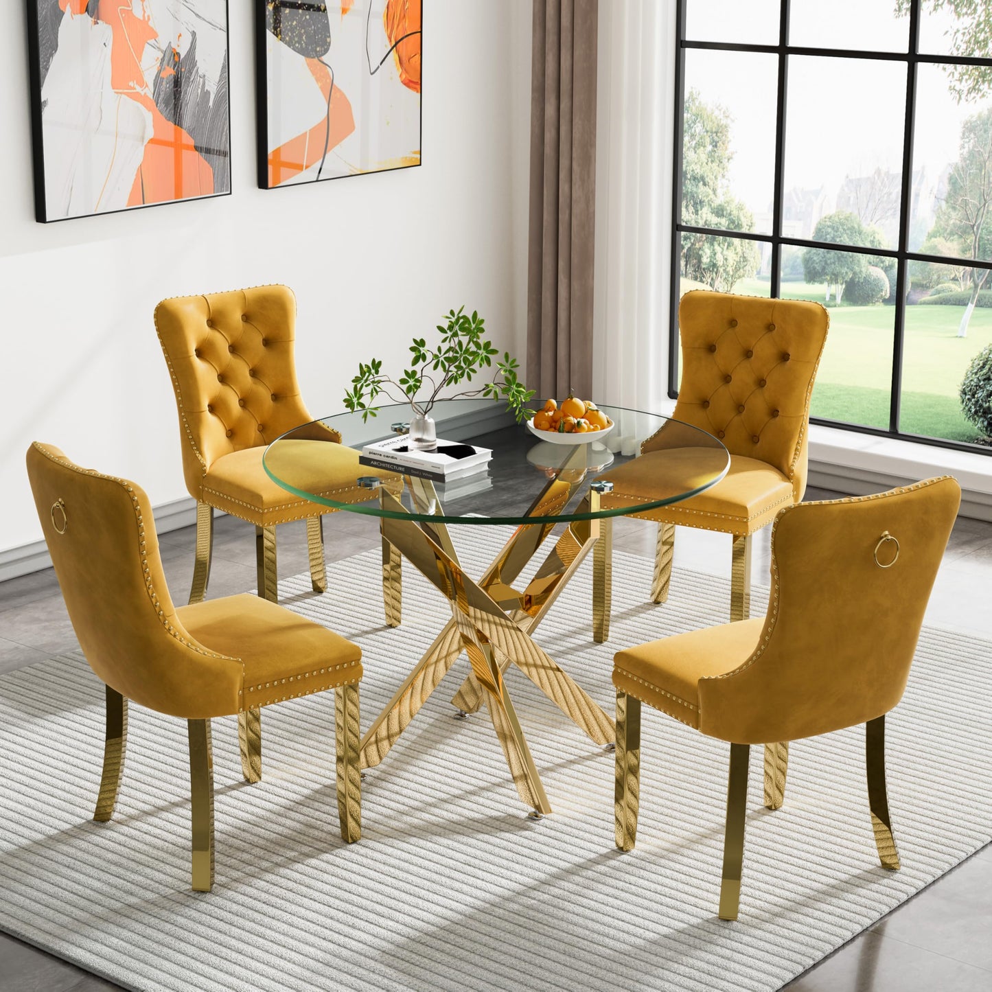 36" Modern Silver Glass Dining Room Table Set for 4, 5-Piece Square Kitchen Dining Table Set with Cross Metal Legs and 4 Black Velvet Upholstered Chairs, Glass Kitchen Table and Chairs Set