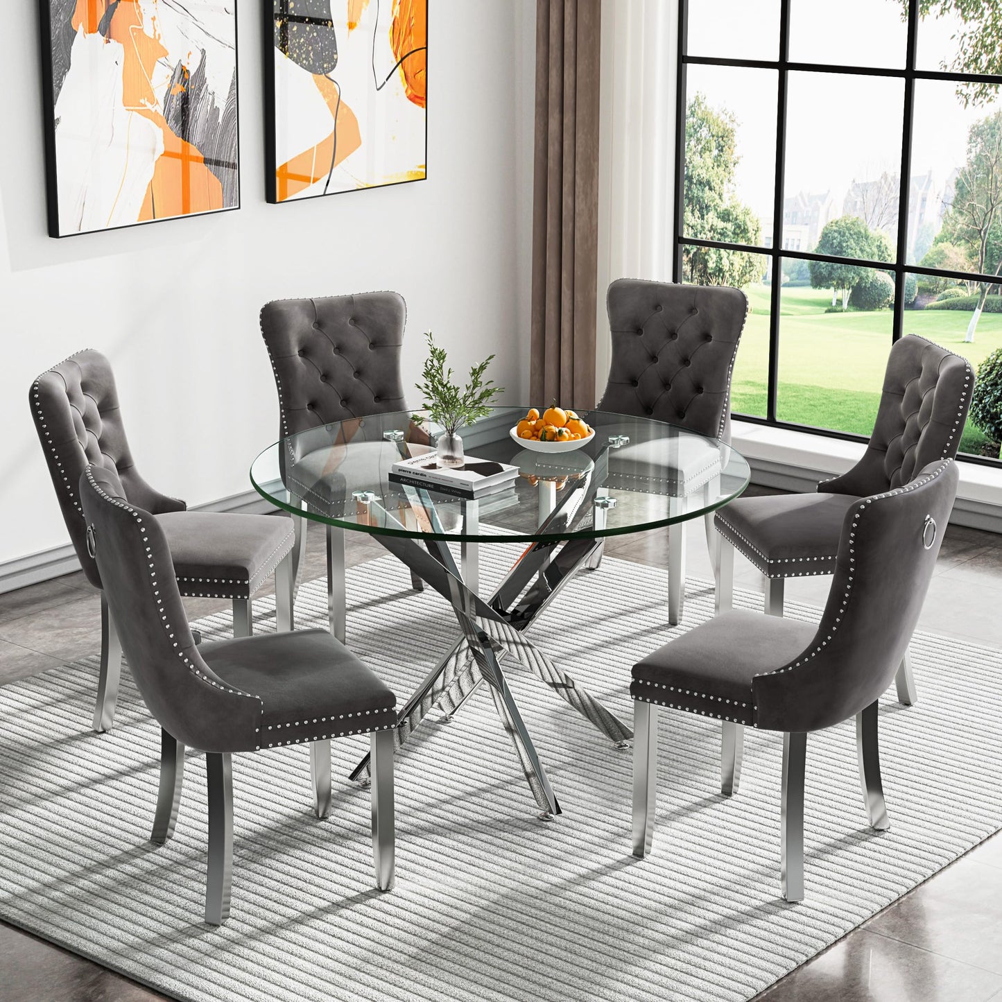 36" Modern Silver Glass Dining Room Table Set for 4, 5-Piece Square Kitchen Dining Table Set with Cross Metal Legs and 4 Black Velvet Upholstered Chairs, Glass Kitchen Table and Chairs Set