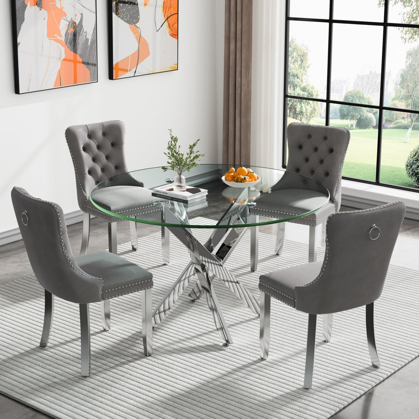36" Modern Silver Glass Dining Room Table Set for 4, 5-Piece Square Kitchen Dining Table Set with Cross Metal Legs and 4 Black Velvet Upholstered Chairs, Glass Kitchen Table and Chairs Set