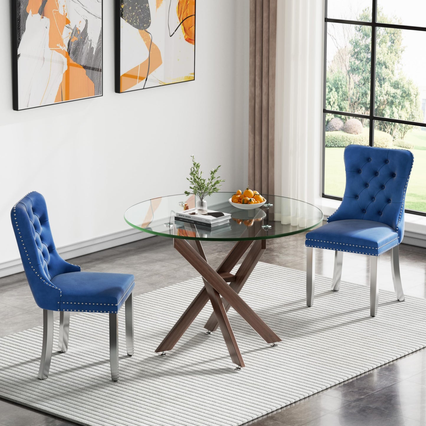 36" Modern Silver Glass Dining Room Table Set for 4, 5-Piece Square Kitchen Dining Table Set with Cross Metal Legs and 4 Black Velvet Upholstered Chairs, Glass Kitchen Table and Chairs Set