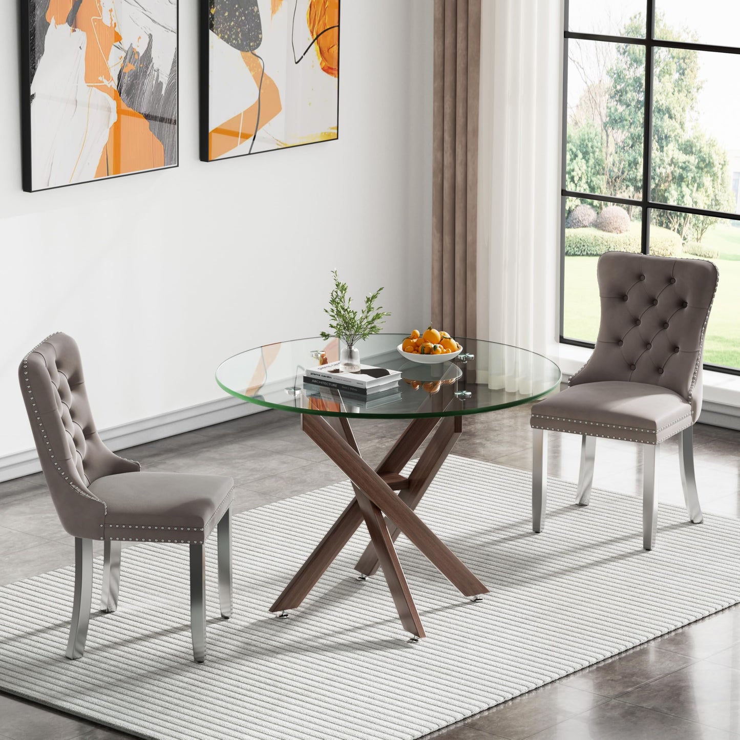 36" Modern Silver Glass Dining Room Table Set for 4, 5-Piece Square Kitchen Dining Table Set with Cross Metal Legs and 4 Black Velvet Upholstered Chairs, Glass Kitchen Table and Chairs Set
