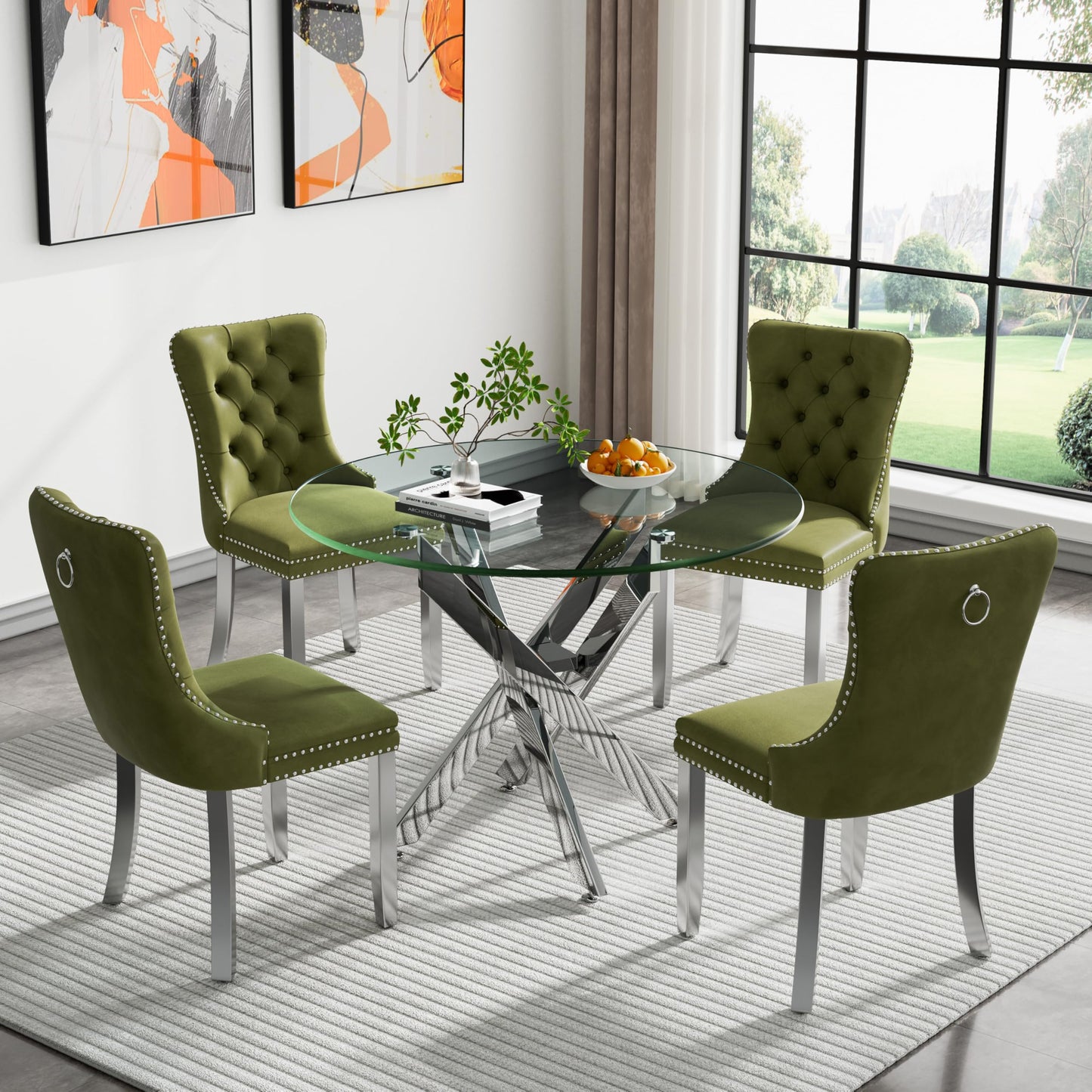 36" Modern Silver Glass Dining Room Table Set for 4, 5-Piece Square Kitchen Dining Table Set with Cross Metal Legs and 4 Black Velvet Upholstered Chairs, Glass Kitchen Table and Chairs Set