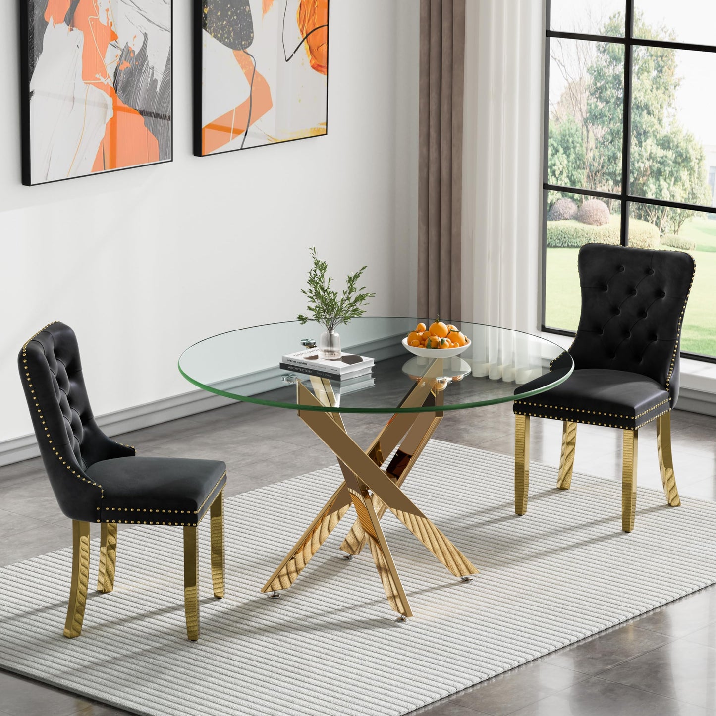 36" Modern Silver Glass Dining Room Table Set for 4, 5-Piece Square Kitchen Dining Table Set with Cross Metal Legs and 4 Black Velvet Upholstered Chairs, Glass Kitchen Table and Chairs Set