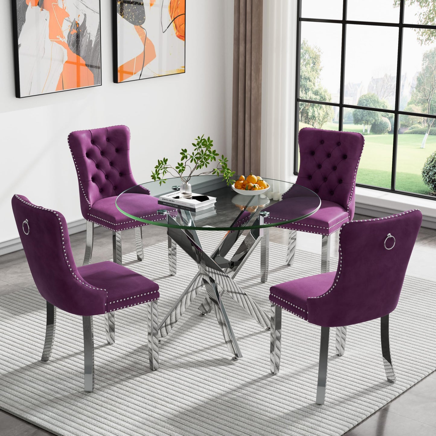 36" Modern Silver Glass Dining Room Table Set for 4, 5-Piece Square Kitchen Dining Table Set with Cross Metal Legs and 4 Black Velvet Upholstered Chairs, Glass Kitchen Table and Chairs Set