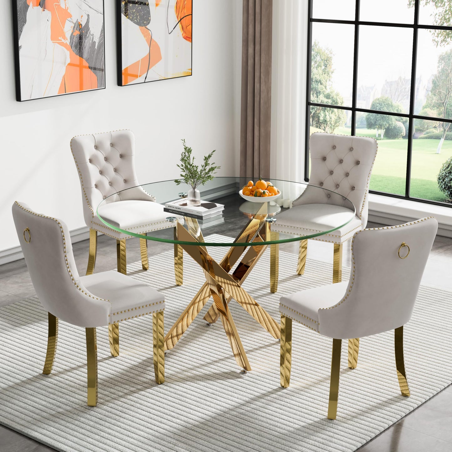 36" Modern Silver Glass Dining Room Table Set for 4, 5-Piece Square Kitchen Dining Table Set with Cross Metal Legs and 4 Black Velvet Upholstered Chairs, Glass Kitchen Table and Chairs Set