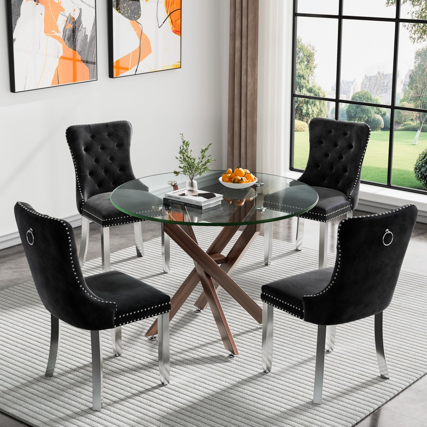 36" Modern Silver Glass Dining Room Table Set for 4, 5-Piece Square Kitchen Dining Table Set with Cross Metal Legs and 4 Black Velvet Upholstered Chairs, Glass Kitchen Table and Chairs Set