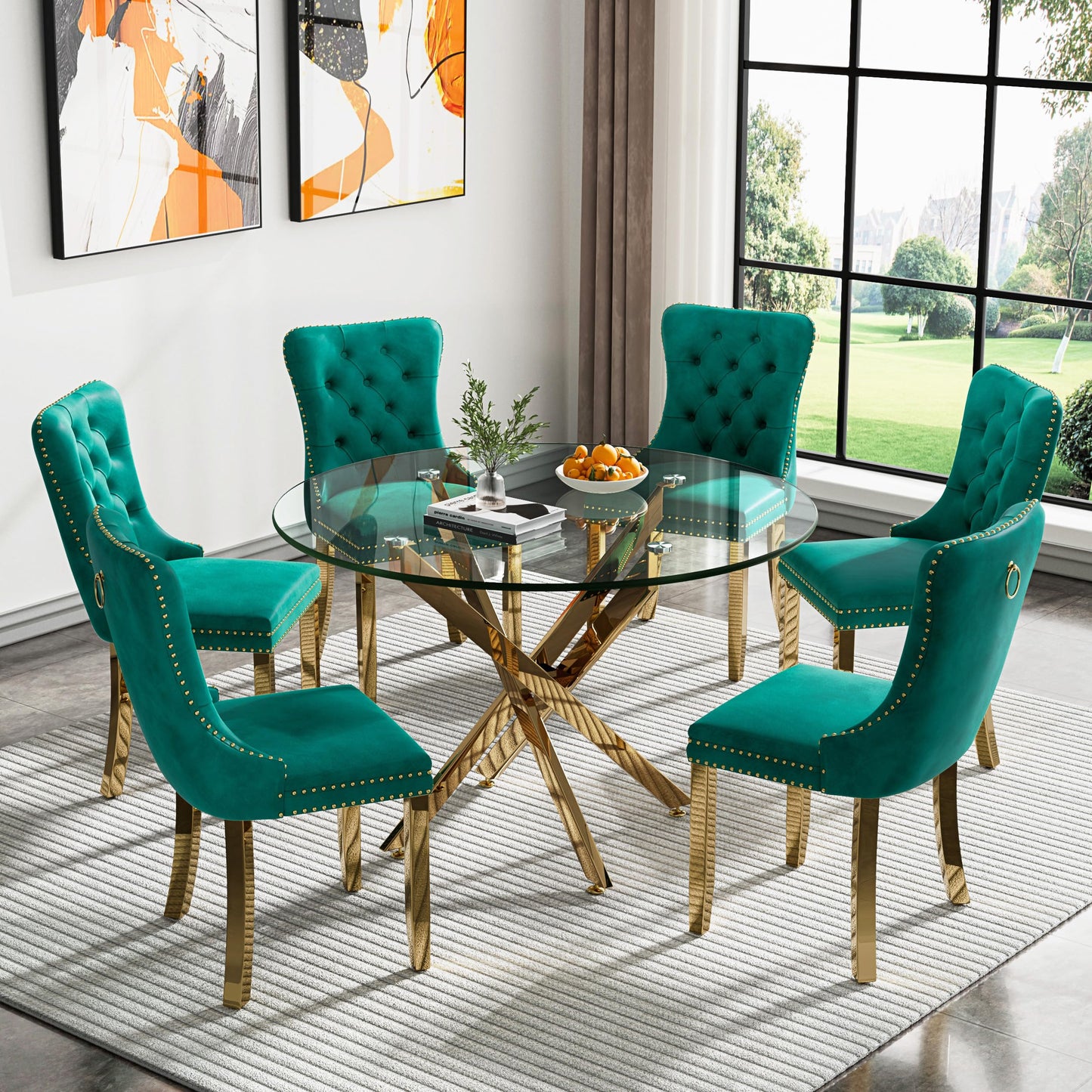36" Modern Silver Glass Dining Room Table Set for 4, 5-Piece Square Kitchen Dining Table Set with Cross Metal Legs and 4 Black Velvet Upholstered Chairs, Glass Kitchen Table and Chairs Set