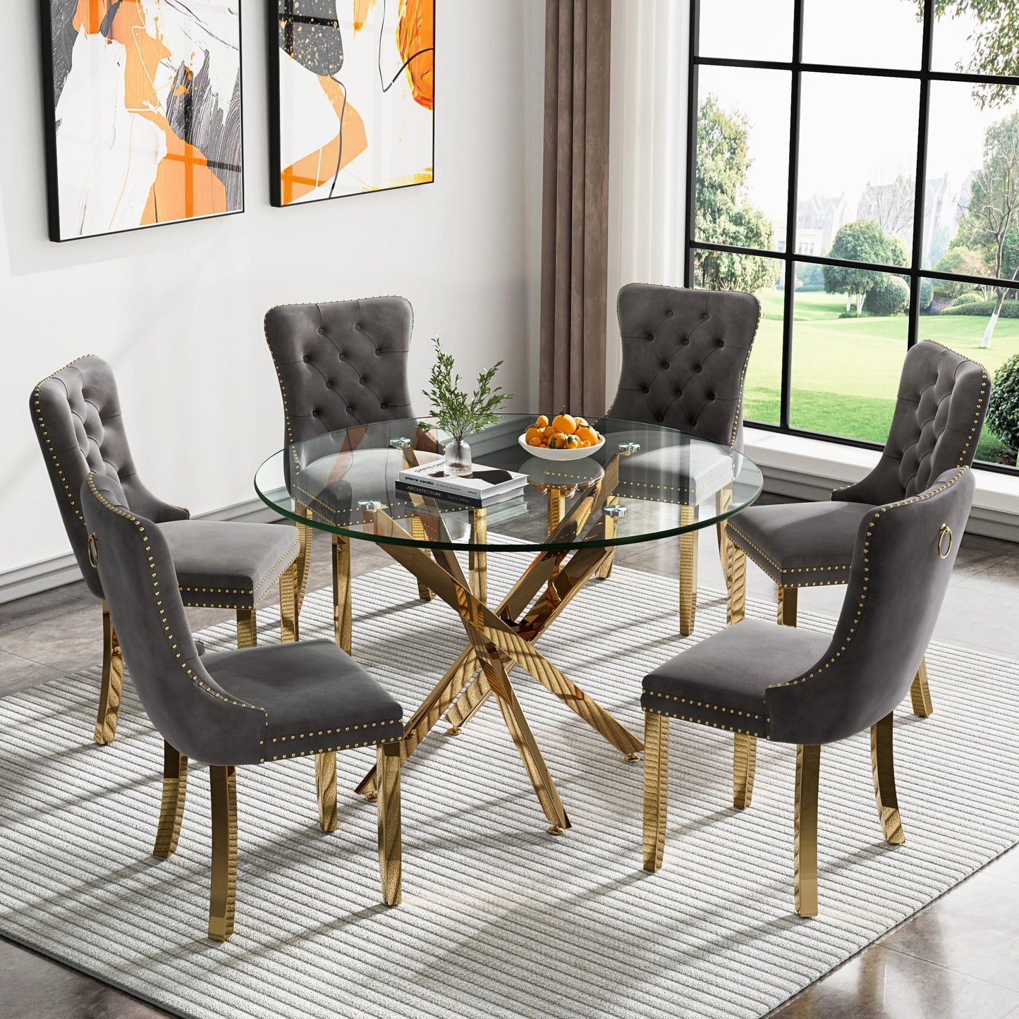 36" Modern Silver Glass Dining Room Table Set for 4, 5-Piece Square Kitchen Dining Table Set with Cross Metal Legs and 4 Black Velvet Upholstered Chairs, Glass Kitchen Table and Chairs Set