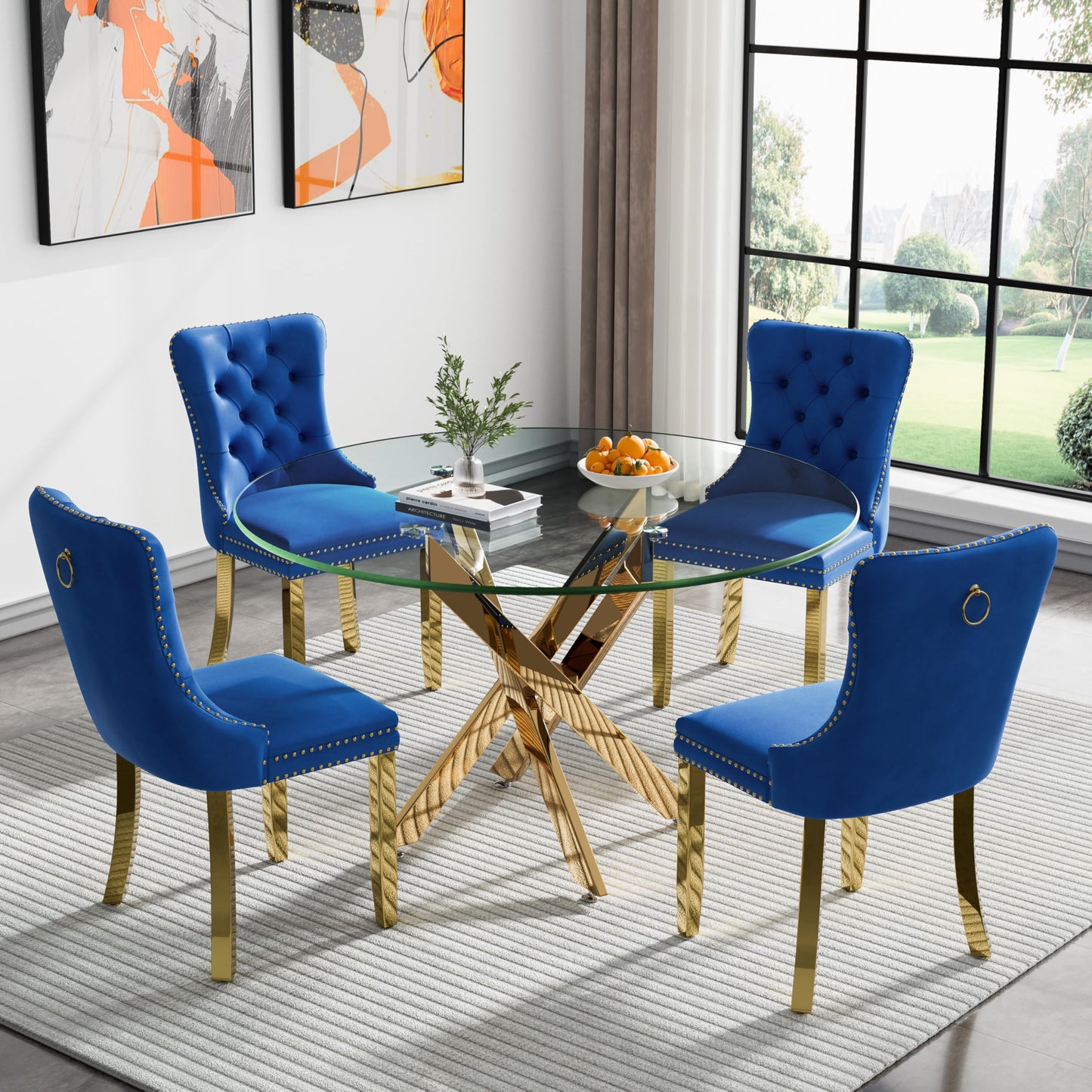 36" Modern Silver Glass Dining Room Table Set for 4, 5-Piece Square Kitchen Dining Table Set with Cross Metal Legs and 4 Black Velvet Upholstered Chairs, Glass Kitchen Table and Chairs Set