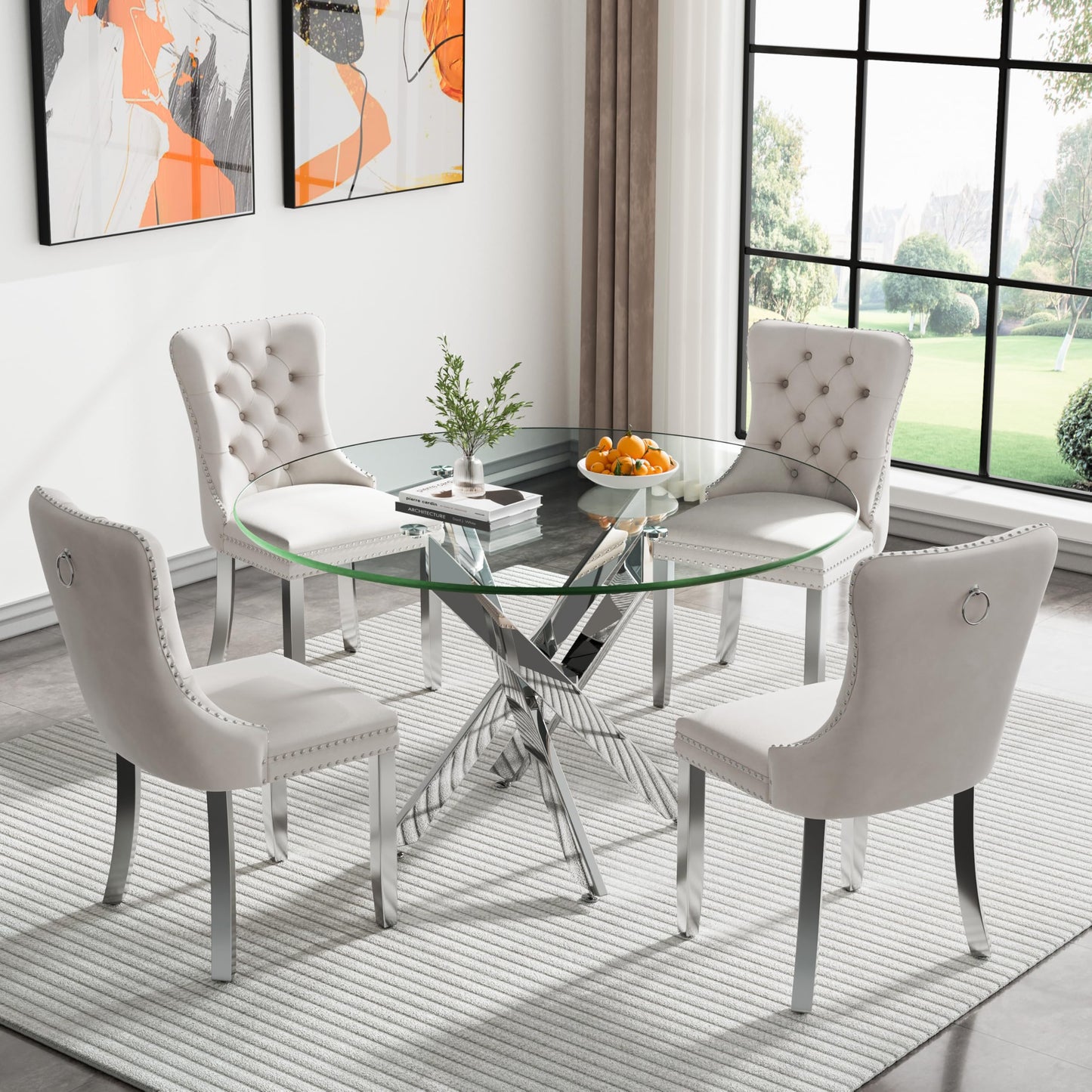 36" Modern Silver Glass Dining Room Table Set for 4, 5-Piece Square Kitchen Dining Table Set with Cross Metal Legs and 4 Black Velvet Upholstered Chairs, Glass Kitchen Table and Chairs Set