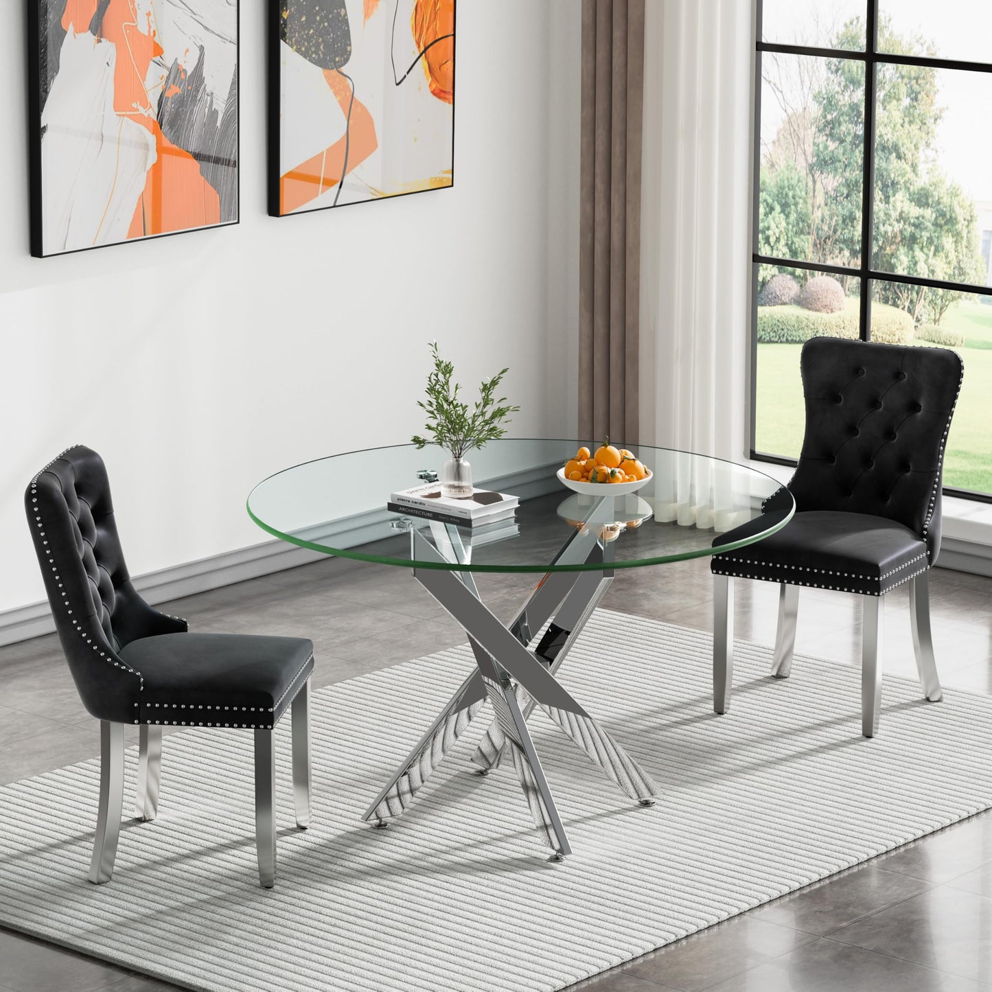 36" Modern Silver Glass Dining Room Table Set for 4, 5-Piece Square Kitchen Dining Table Set with Cross Metal Legs and 4 Black Velvet Upholstered Chairs, Glass Kitchen Table and Chairs Set