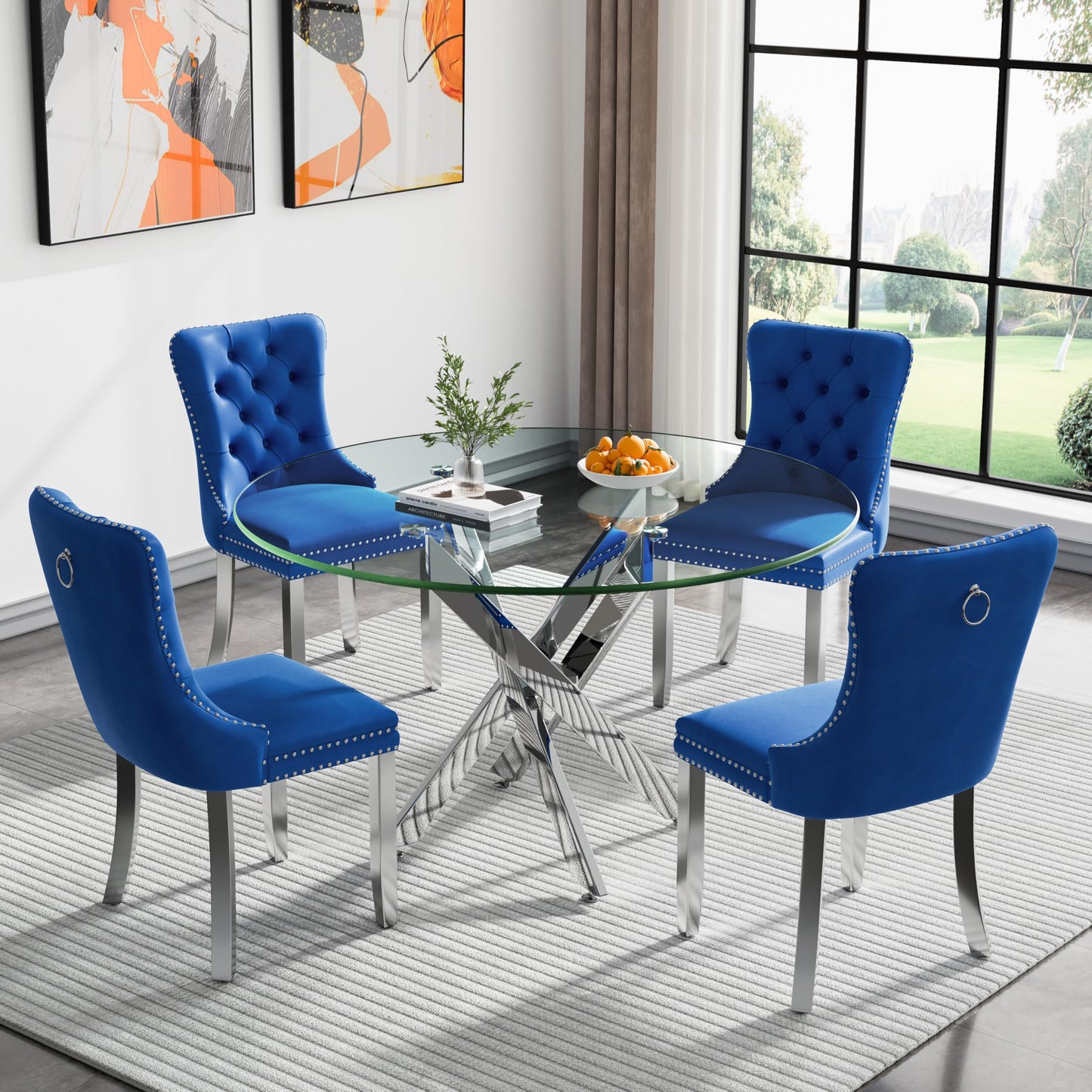 36" Modern Silver Glass Dining Room Table Set for 4, 5-Piece Square Kitchen Dining Table Set with Cross Metal Legs and 4 Black Velvet Upholstered Chairs, Glass Kitchen Table and Chairs Set