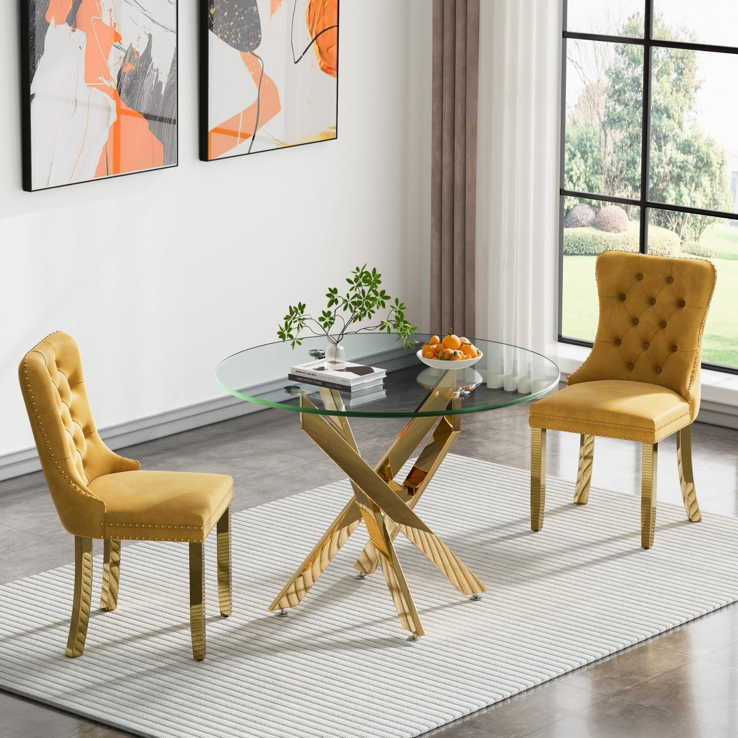 36" Modern Silver Glass Dining Room Table Set for 4, 5-Piece Square Kitchen Dining Table Set with Cross Metal Legs and 4 Black Velvet Upholstered Chairs, Glass Kitchen Table and Chairs Set