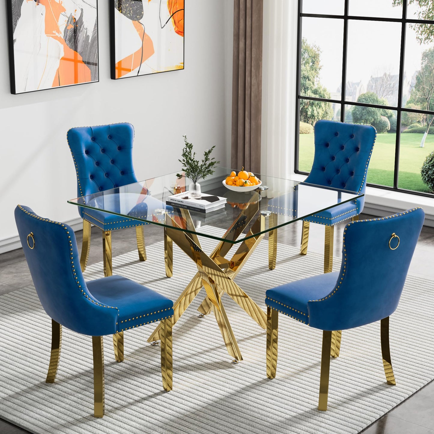 36" Modern Silver Glass Dining Room Table Set for 4, 5-Piece Square Kitchen Dining Table Set with Cross Metal Legs and 4 Black Velvet Upholstered Chairs, Glass Kitchen Table and Chairs Set