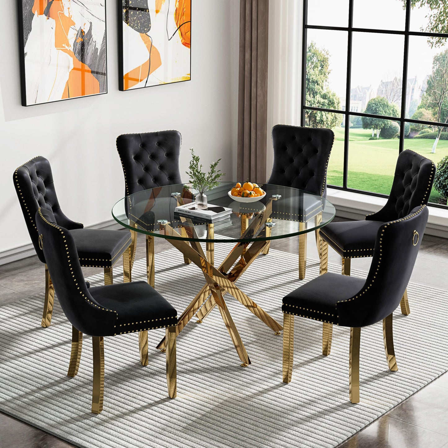 36" Modern Silver Glass Dining Room Table Set for 4, 5-Piece Square Kitchen Dining Table Set with Cross Metal Legs and 4 Black Velvet Upholstered Chairs, Glass Kitchen Table and Chairs Set
