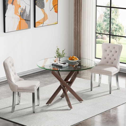 36" Modern Silver Glass Dining Room Table Set for 4, 5-Piece Square Kitchen Dining Table Set with Cross Metal Legs and 4 Black Velvet Upholstered Chairs, Glass Kitchen Table and Chairs Set