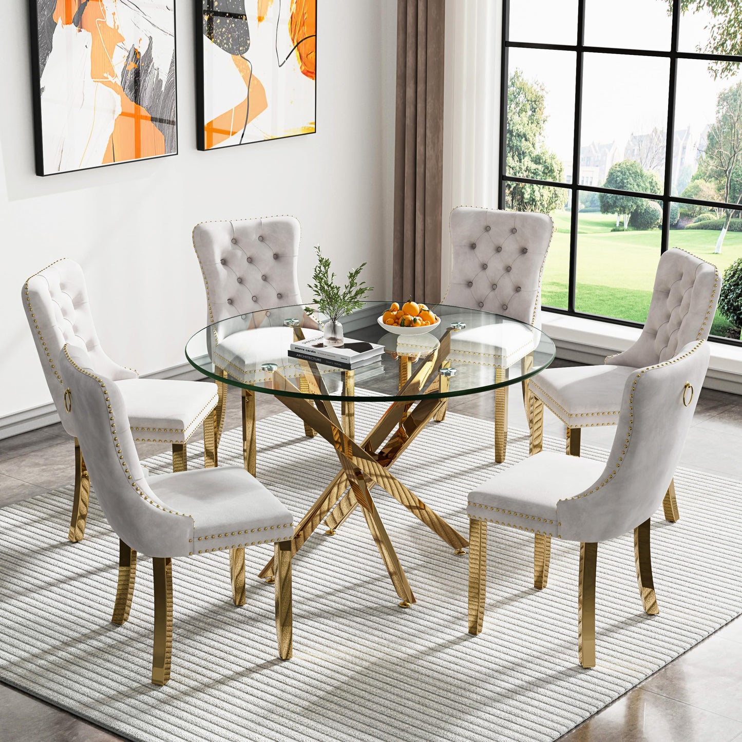 36" Modern Silver Glass Dining Room Table Set for 4, 5-Piece Square Kitchen Dining Table Set with Cross Metal Legs and 4 Black Velvet Upholstered Chairs, Glass Kitchen Table and Chairs Set