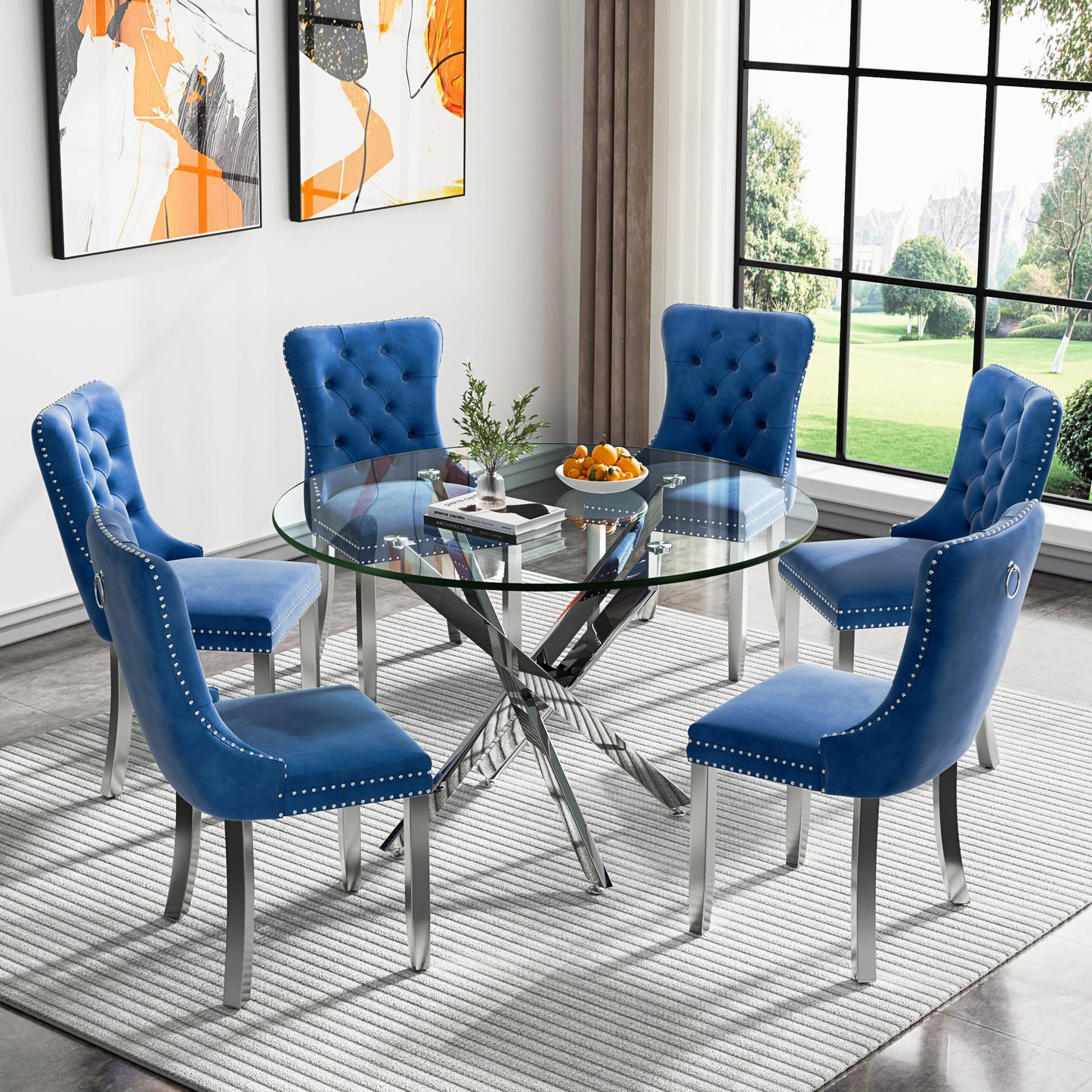 36" Modern Silver Glass Dining Room Table Set for 4, 5-Piece Square Kitchen Dining Table Set with Cross Metal Legs and 4 Black Velvet Upholstered Chairs, Glass Kitchen Table and Chairs Set
