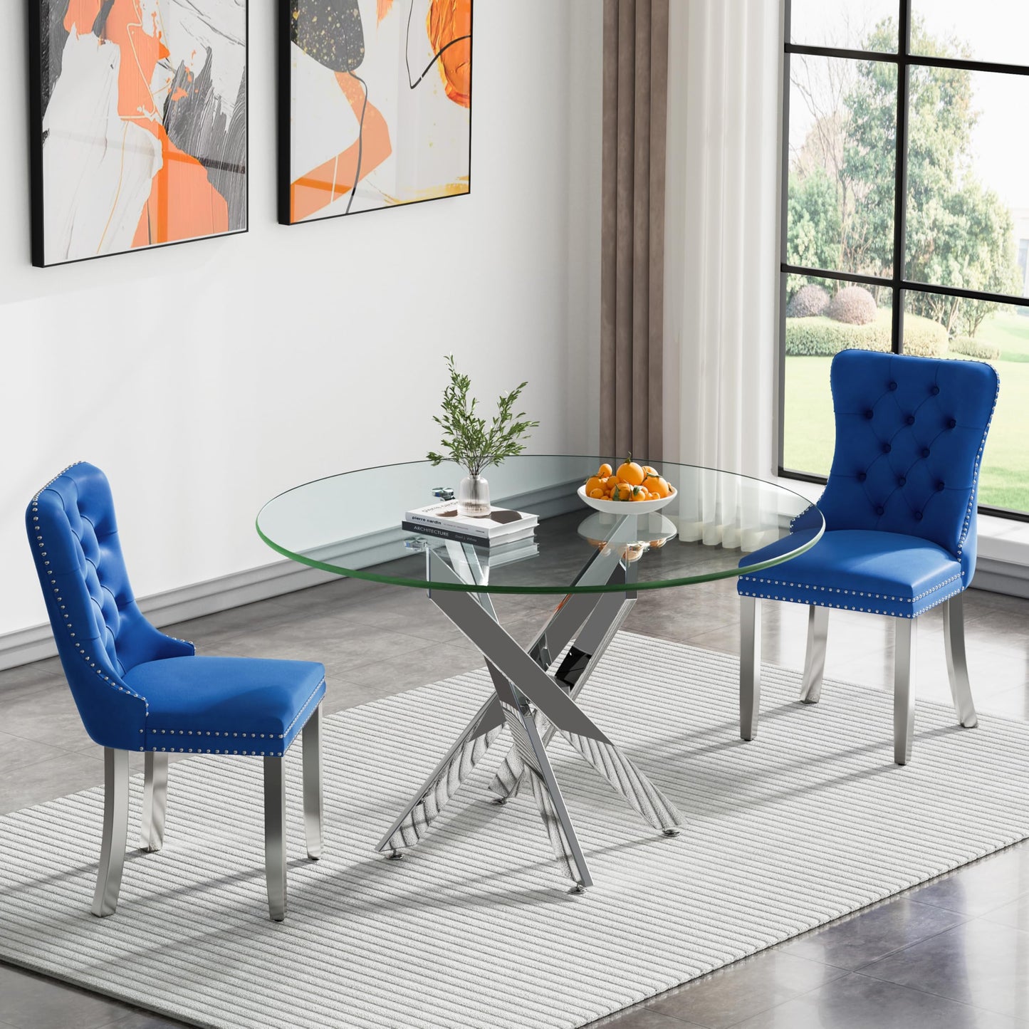 36" Modern Silver Glass Dining Room Table Set for 4, 5-Piece Square Kitchen Dining Table Set with Cross Metal Legs and 4 Black Velvet Upholstered Chairs, Glass Kitchen Table and Chairs Set