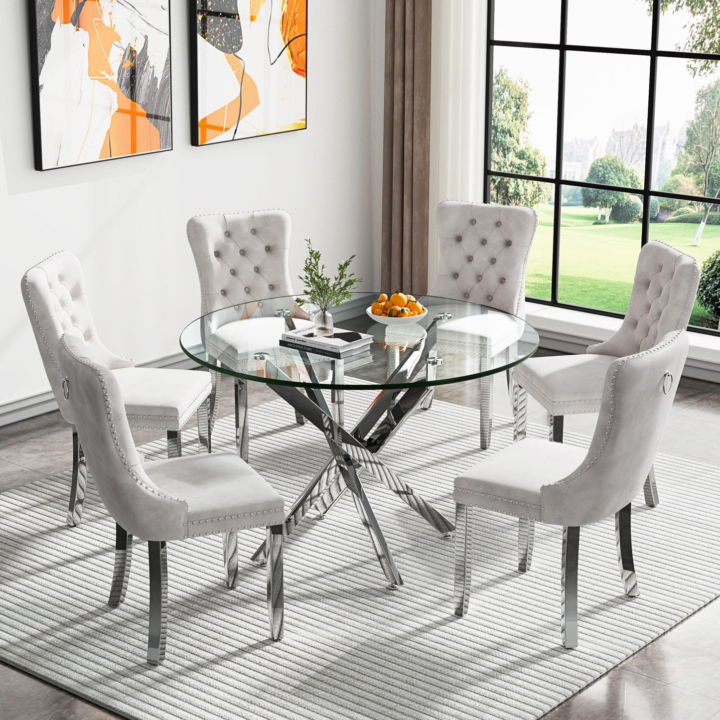 36" Modern Silver Glass Dining Room Table Set for 4, 5-Piece Square Kitchen Dining Table Set with Cross Metal Legs and 4 Black Velvet Upholstered Chairs, Glass Kitchen Table and Chairs Set