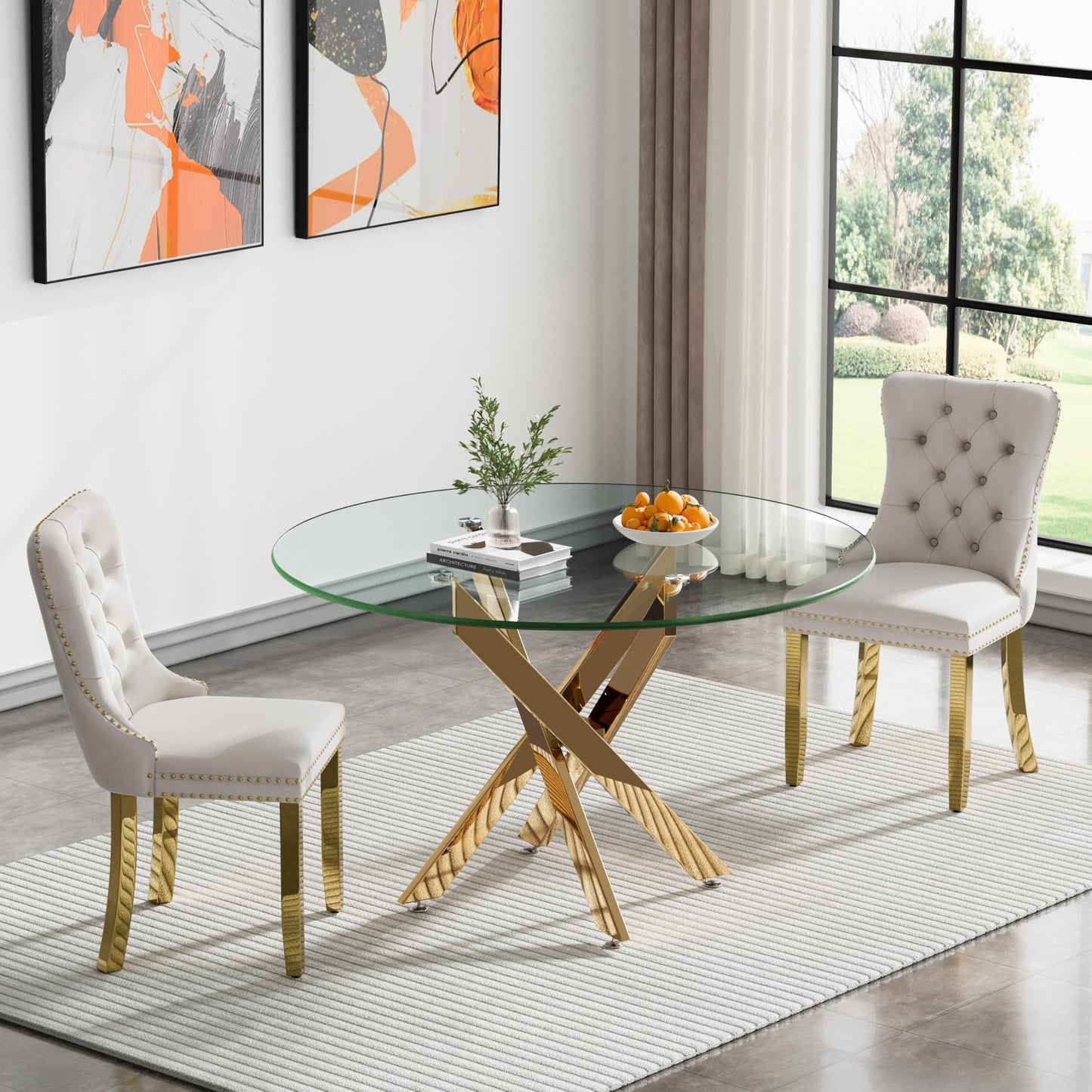 36" Modern Silver Glass Dining Room Table Set for 4, 5-Piece Square Kitchen Dining Table Set with Cross Metal Legs and 4 Black Velvet Upholstered Chairs, Glass Kitchen Table and Chairs Set