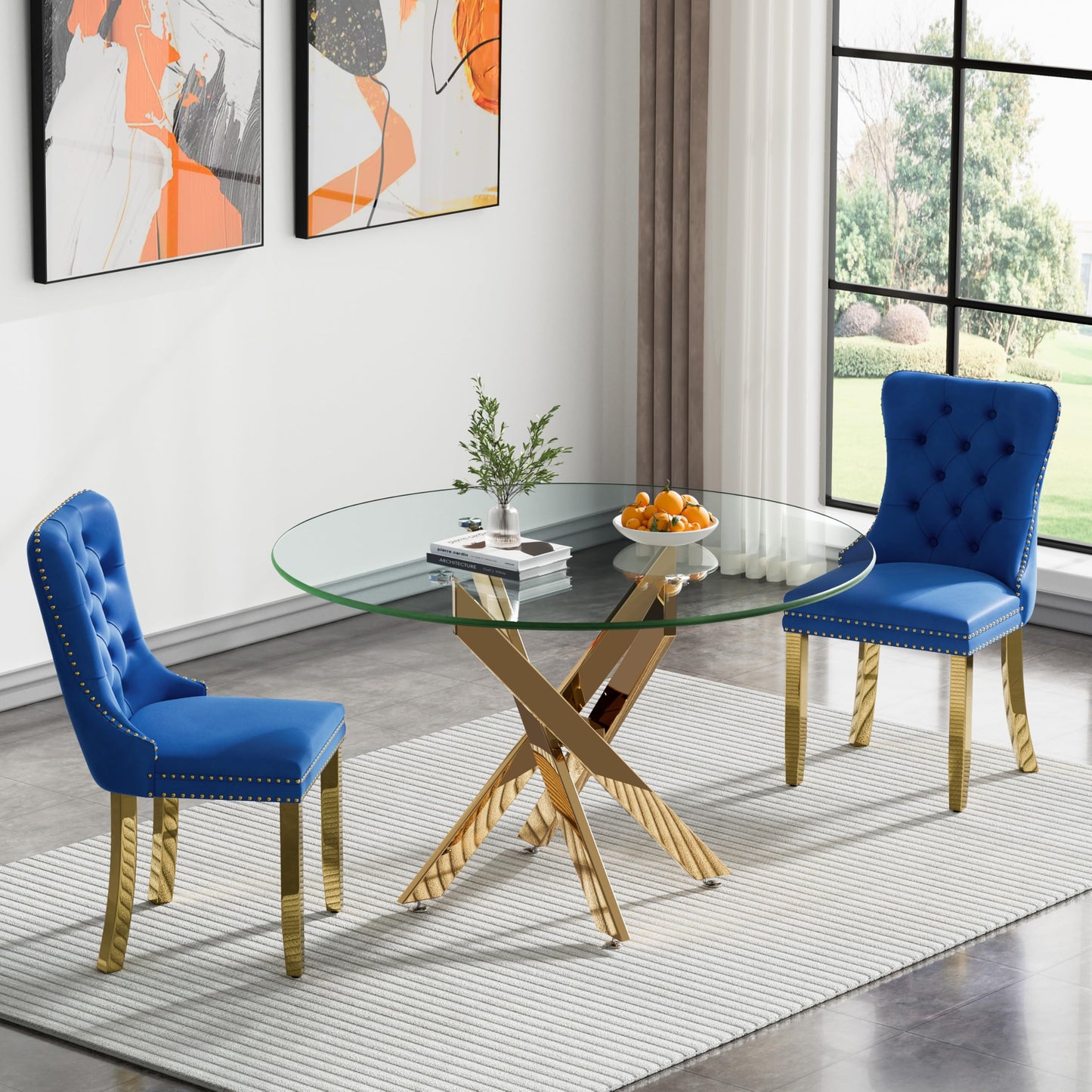36" Modern Silver Glass Dining Room Table Set for 4, 5-Piece Square Kitchen Dining Table Set with Cross Metal Legs and 4 Black Velvet Upholstered Chairs, Glass Kitchen Table and Chairs Set